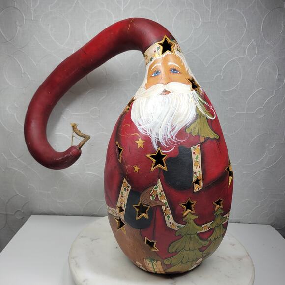Hand Painted Lighted Santa Gourd Large 17” Holiday Christmas Folk Art Primitive - Picture 2 of 16